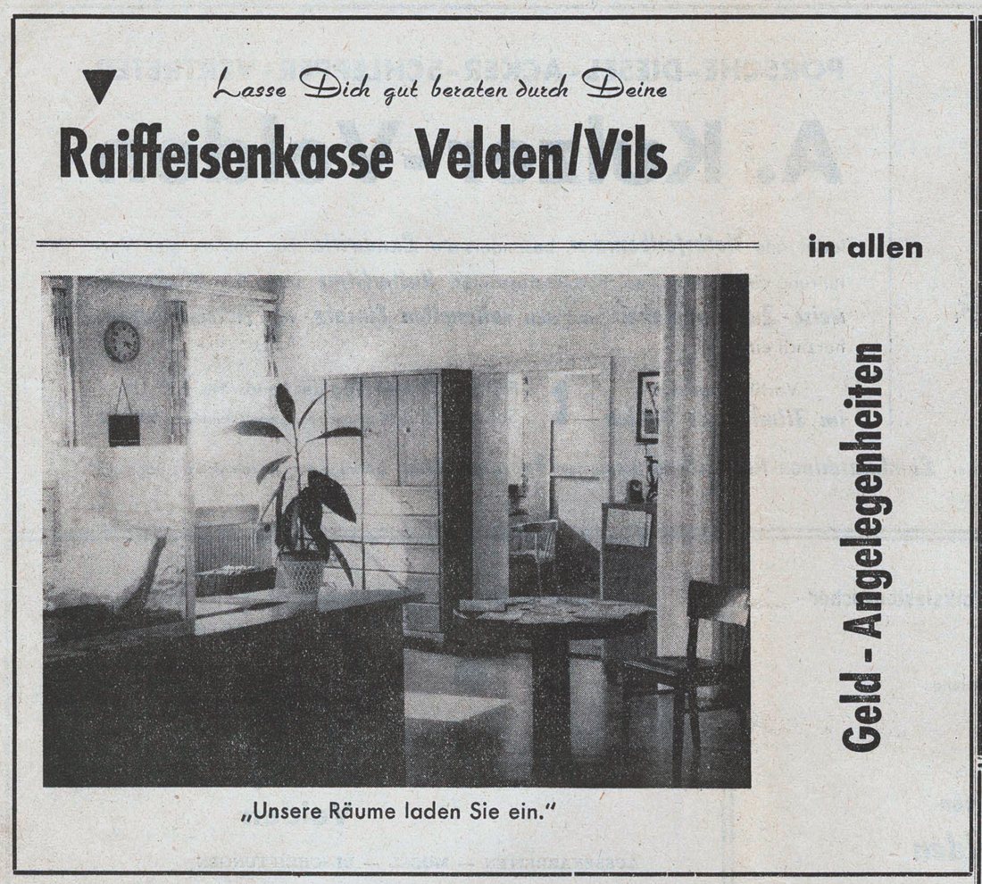 Historische Anzeige der Raiffeisenkasse Velden/Vils aus dem Jahr 1957